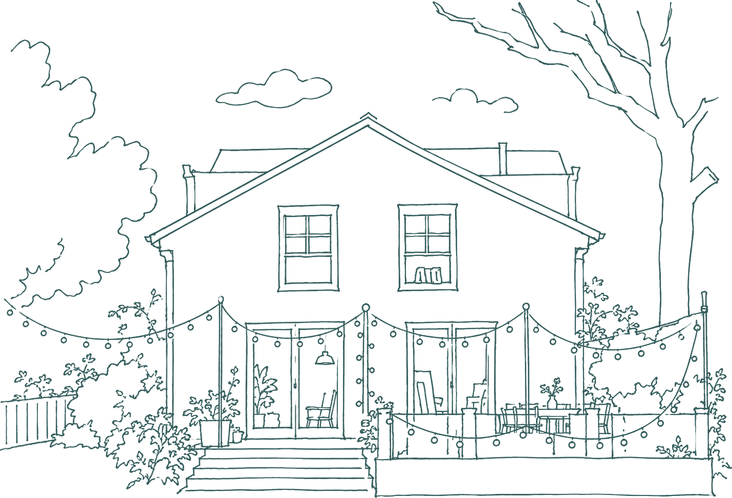 Line drawing of the Farwell house: a gabled two-storey house behind a fence strung with lights, chairs and planters on the deck, and a tree overhead.